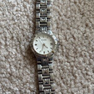 Bulova Silver and White Women's Bracelet Watch with diamond accents